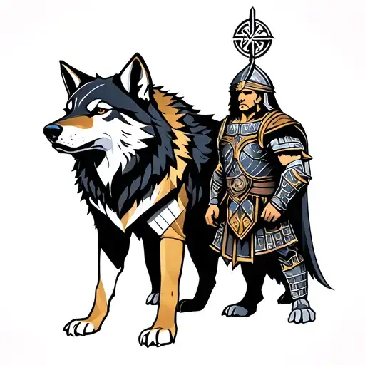 Anamorphic Wolf And Gladiator Standing Triumphantly