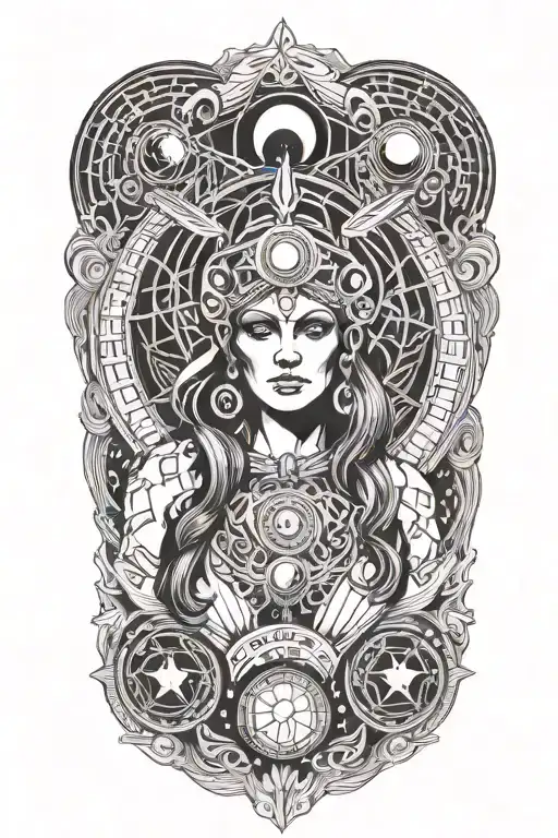 Hekate Greek Godness With Moons Above Her Head Surrounded