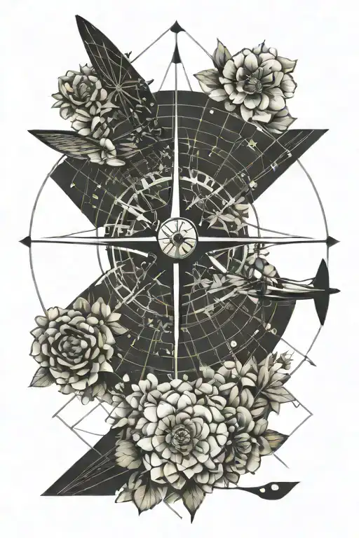 Plane Travel World Grid Lines Flowers Compass