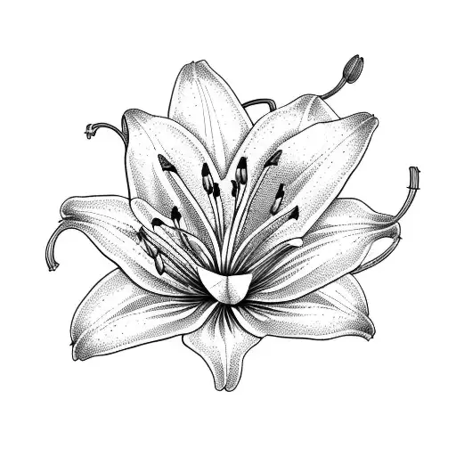 A Detailed Sketch Of A Lily Flower Growing Amidst A Garden Of Orixa Herbs