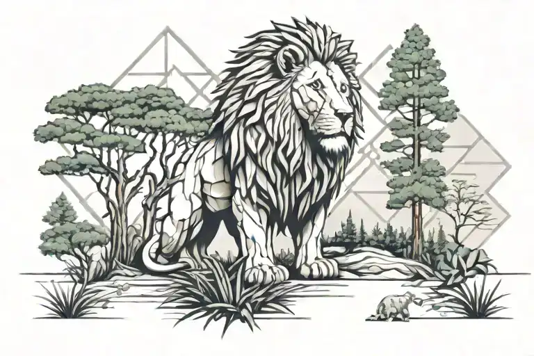 Cypress Trees With Sitting Lion In Foreground