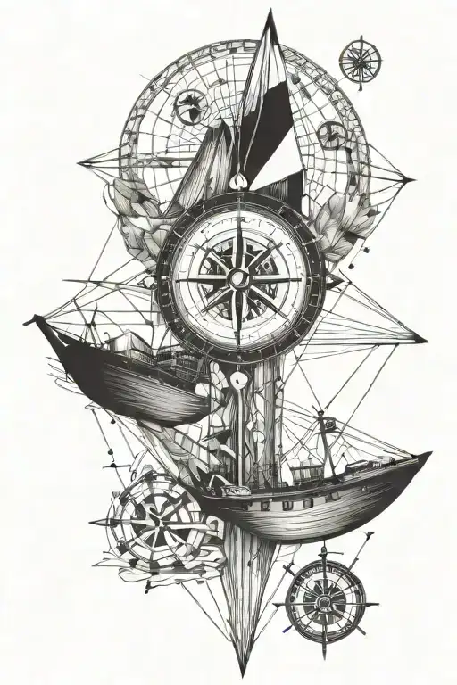 Compass And Ship Sailing Through A Sea