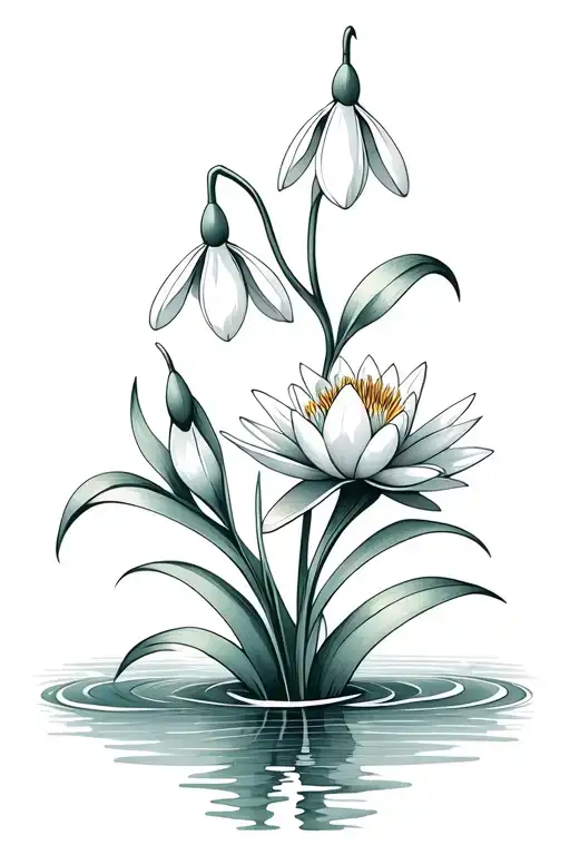 Snowdrop And Water Lily Intertwined Symbolizing The Client's Children With Ornamental Elements