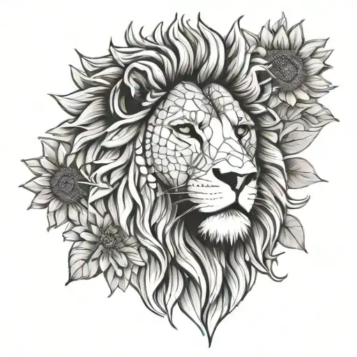 Realistic Lion With Deep Blue Eyes With Sunflowers With The Lotus Blossom