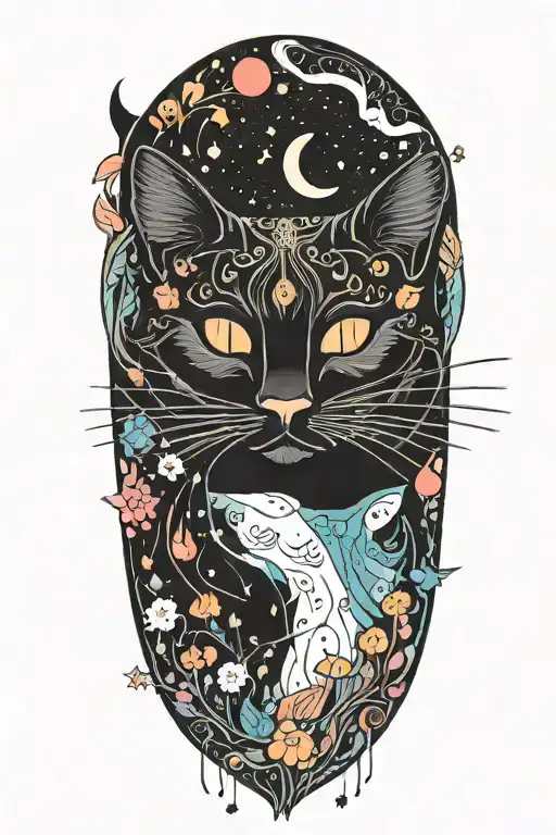 Black Cat With Colorful Mushrooms And Crescent Moon And Clouds And Stars Melting