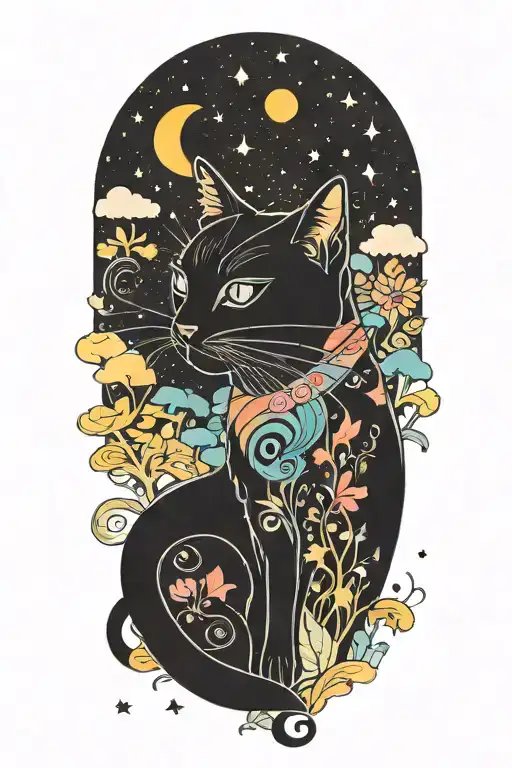 Black Cat With Colorful Mushrooms And Crescent Moon And Clouds And Stars Melting