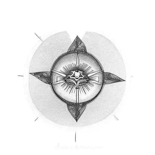 A Dotwork Tattoo Featuring A Bicycle Wheel Merging Into A Rising Sun Over A Tranquil Seascape