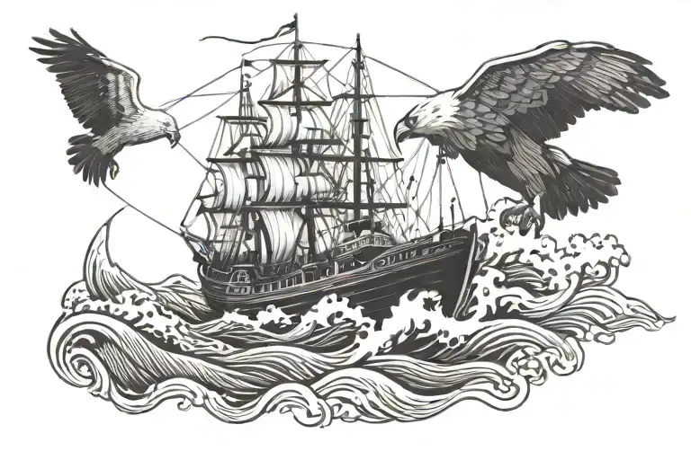 A Tugboat In High Waves With A Eagle In The Sky