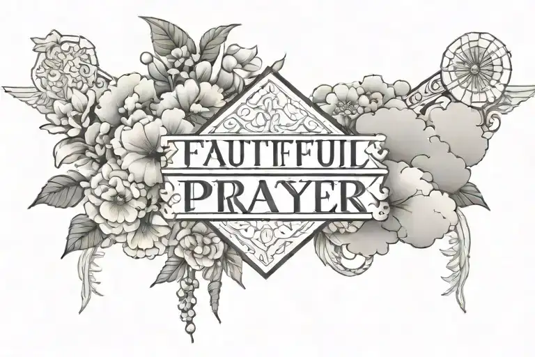 Words Faithful In Prayer Written Inside A Banner Surrounded By Clouds And Flowers