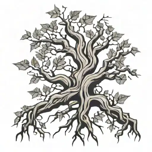 Big Old Tree Roots Exposed And Long Branches With Some Leaves