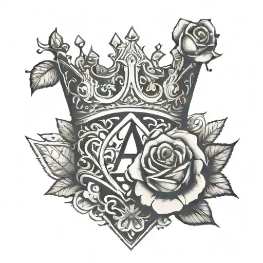 Letter 'A' In A Crown Under Ear With A Rose