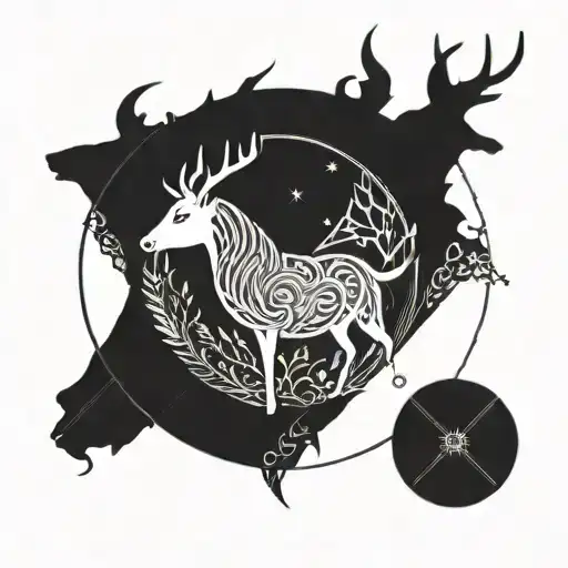 Unicorn And Deer In A Circle Symbolic With Lots Of Details Half Symmetric