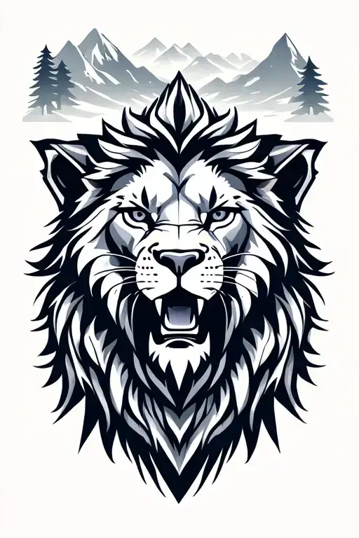 Fierce Roaring Lion With Mountains And Trees In The Background