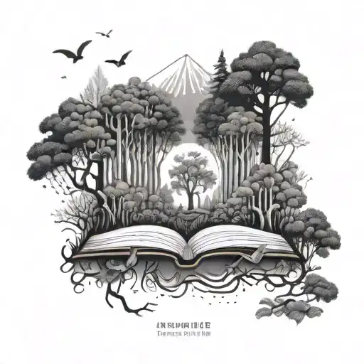 A Mystical Forest Scene With Hidden Book Elements Throughout In Dotwork Style