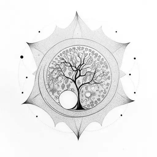 Tattoo Moon Phases And Tree Vertical Geometric Design