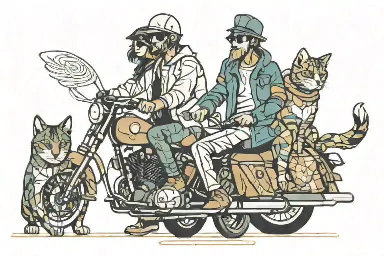 2D Tattoo Colorful Design Of Couple Riding A Motorcycle With A Dog And A Cat