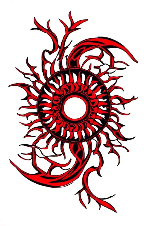 Red Tribal Sun With Vines Wraaped Around It