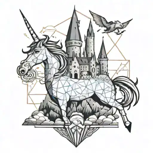 A Black And Grey Tattoo Of The Hogwarts Castle With A Unicorn Flying Over It