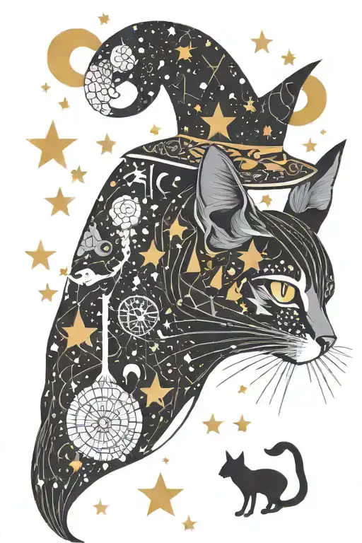 Witch Cat With Moon And Stars And Colorful Mushrooms Trippy