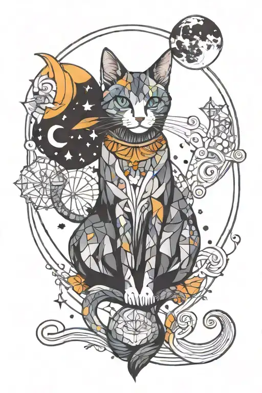 Witch Cat With Moon And Stars And Colorful Mushrooms Trippy