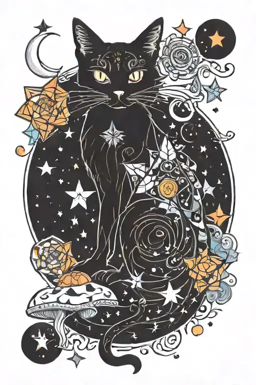 Witch Cat With Moon And Stars And Colorful Mushrooms Trippy