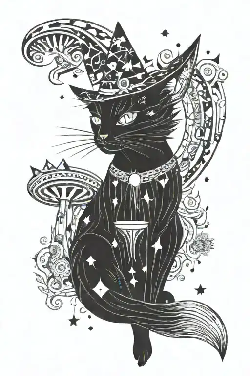 Witch Cat With Moon And Stars And Colorful Mushrooms Trippy