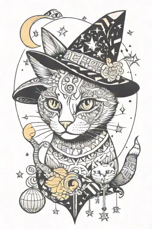 Witch Cat With Moon And Stars And Colorful Mushrooms Trippy