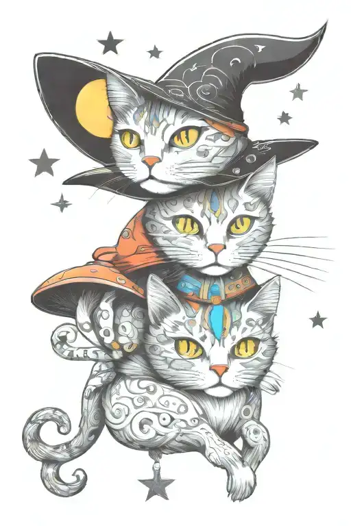 Witch Cat With Moon And Stars And Colorful Mushrooms Trippy