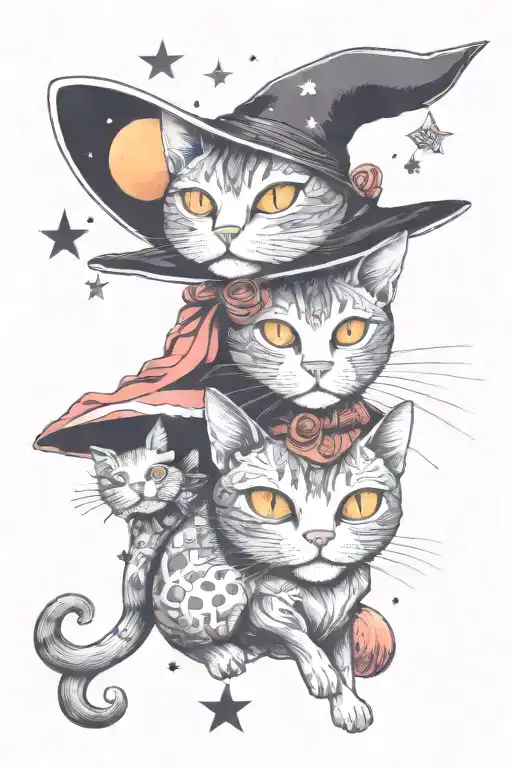 Witch Cat With Moon And Stars And Colorful Mushrooms Trippy