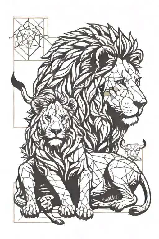 Male Lion With Female Lion Laying With Two Lambs