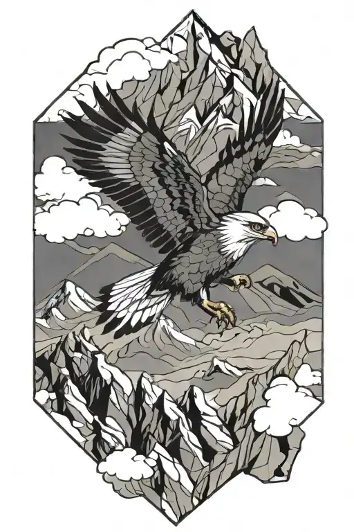 Flying Falcon Against The Background Of Snow-capped Mountains And Clouds