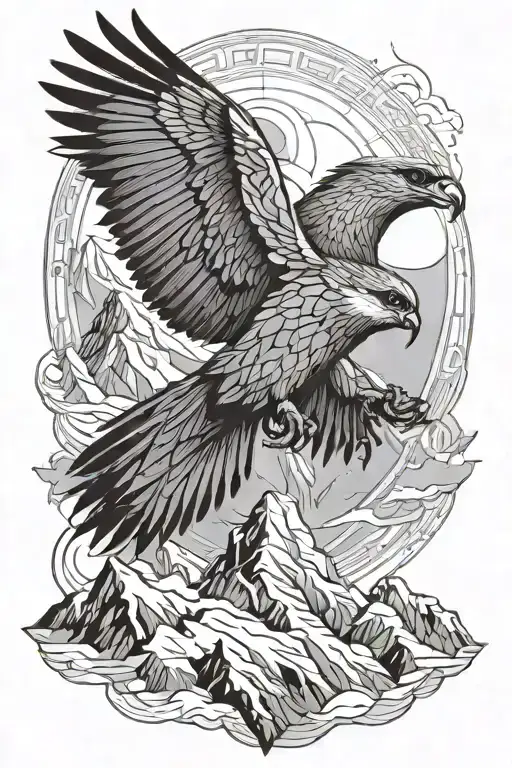 Flying Falcon Against The Background Of Snow-capped Mountains And Clouds