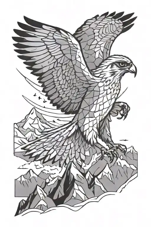 Flying Little Falcon Against The Background Of Snowy Mountains And Clouds