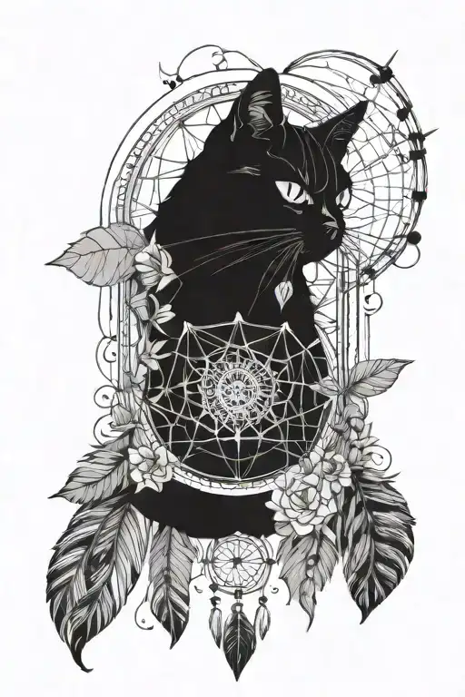 Black Cat An Dream Catcher Entangled In A Beautiful
