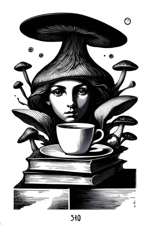The Reader Tarot Card With Books Coffe Cup Mushrooms