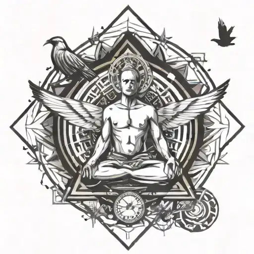 Men Meditation Pose Surrounded By Doves Flying With Compass