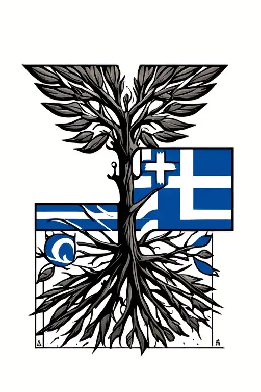 Greek Flag With Greek Symbol Of Family Tree