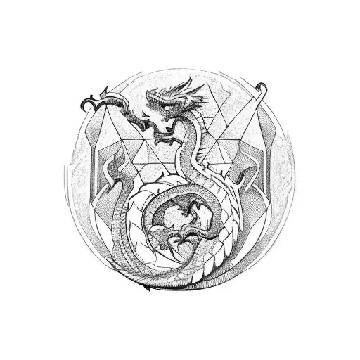 Geometric Dragon Curling Up Broken Sword