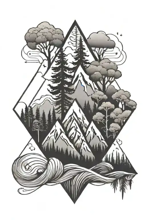 Geometric Tattoo With Mountain High Trees And Wave