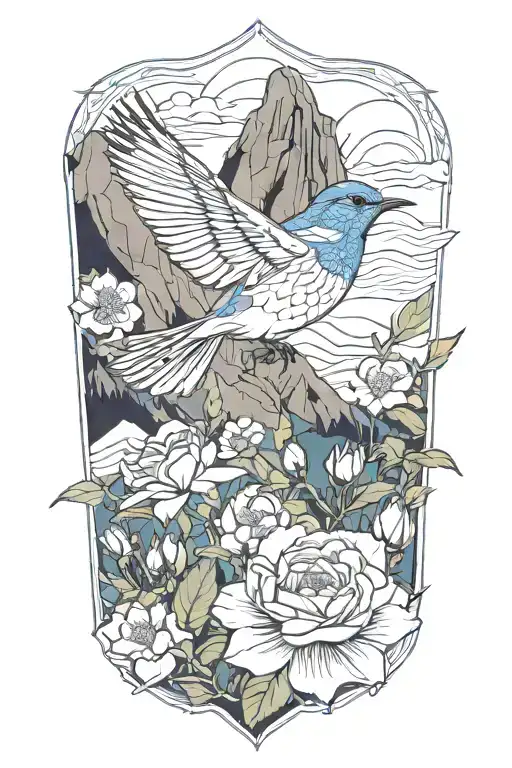 Mountain Blue Bird With The Rocky Mountains In The Back And Wild Prairie Roses Around