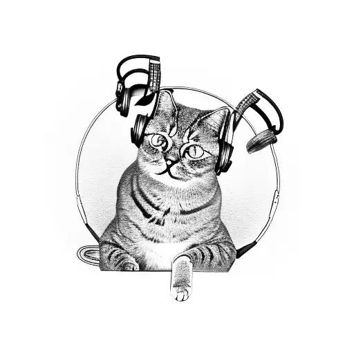 A Black-grey Portrait Of A Cat Wearing Headphones And Sitting On A Film Reel