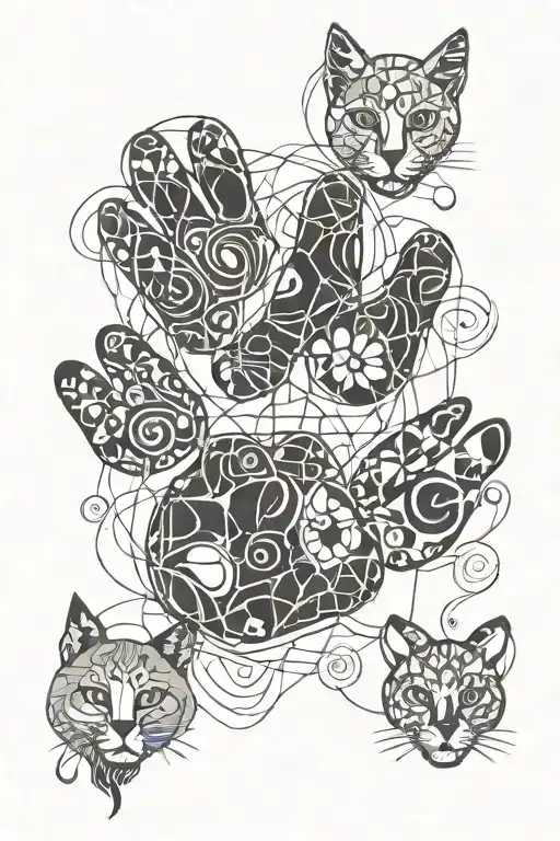 4 Cat Paw Prints Surrounded By Abstract Flowing Lines And Shapes