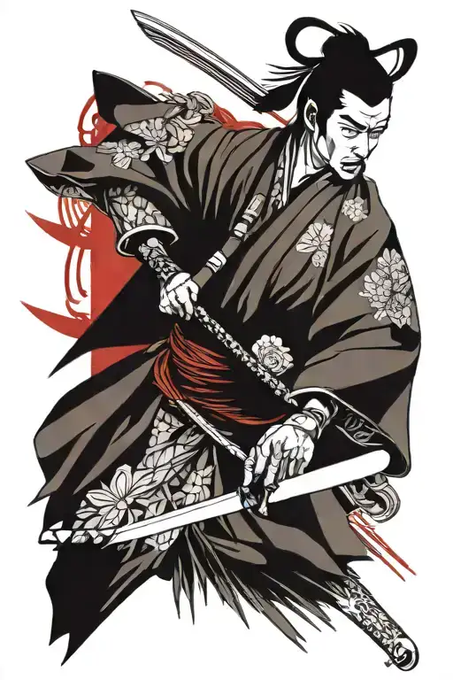 Samurai With Katana And Japanese Background And Blood