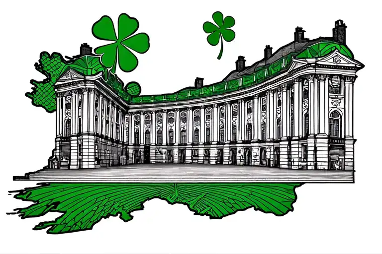 Ireland Map With Art Deco Building With A Shamrock
