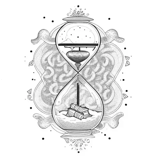 A Dotwork Tattoo Of An Hourglass Filled With Books And Surrounded By Swirling Snakes