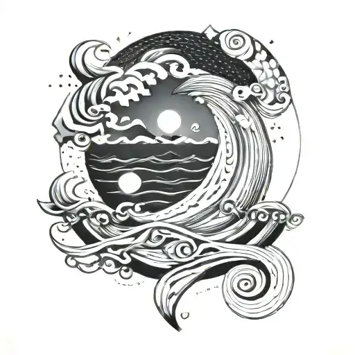 Wave And Moon Rising Geometric Design Incorporating