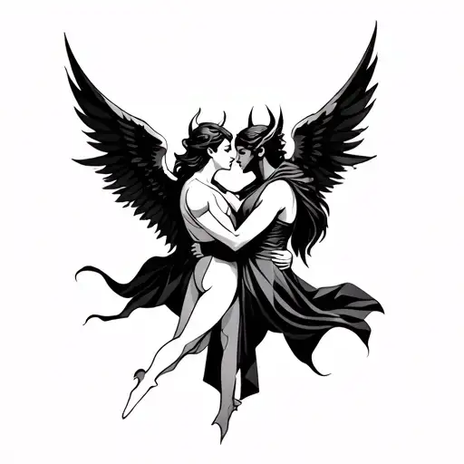 An Angel And Devil Hugging In The Air
