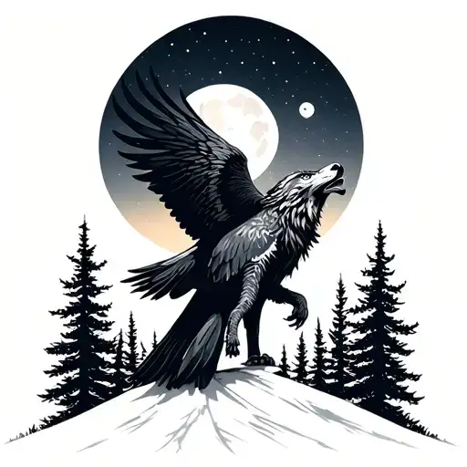 Landscape Moon Forest Eagle Wolf Howling At The Moon