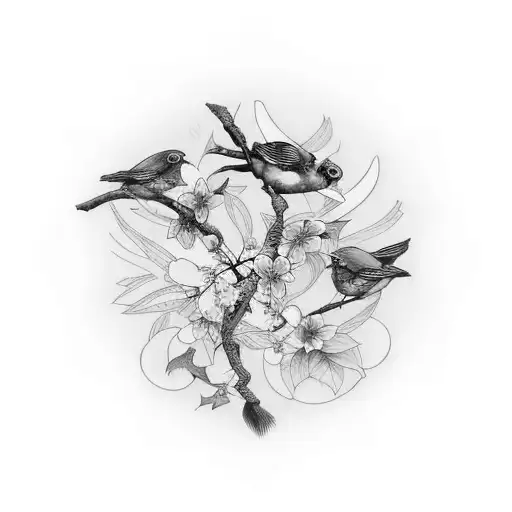 Three Birds Drinking From An Apple Blossom Representing Friendship And Love