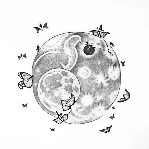 Spine Tattoo Moon With Butterflies And Thunderstorm